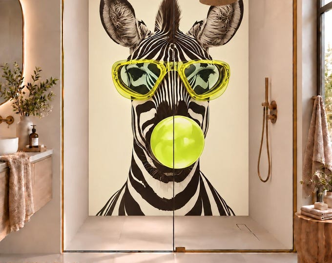 Bubblegum Zebra Shower Panel – Funky Zebra with Neon Yellow Sunglasses – Quirky Animal Bathroom Wall Panel
