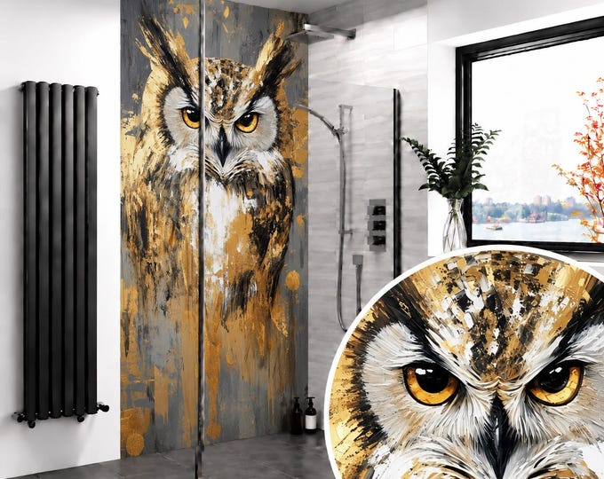 Golden Owl Shower Panel – Black, Grey & Gold Wildlife Bathroom Wall Panel, Luxury Owl Waterproof Shower Wall, Dramatic Animal Decor