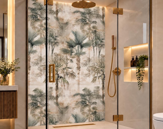 Tropical Palm Shower Panel – Neutral Botanical Bathroom Wall Feature (Waterproof)