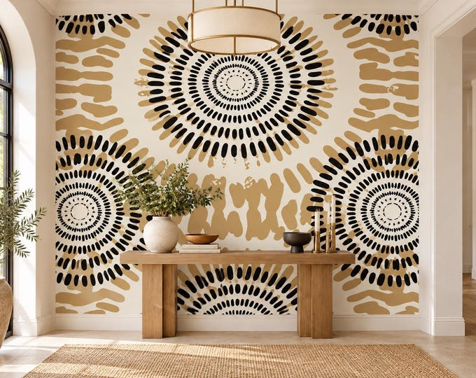 Abstract Tribal Circle Pattern Wallpaper | Black Gold Boho Mural | Neutral Geometric Wallpaper