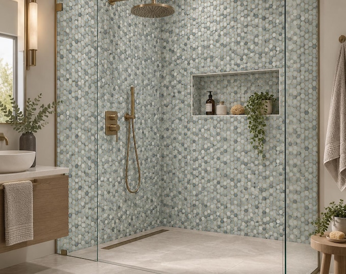 Sage Green Hexagon Mosaic Shower Panel, Waterproof Bathroom Wall Cladding (Custom Cut)
