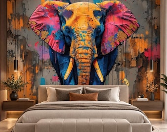 Urban Safari Colourful Elephant Wallpaper Mural | Abstract African Elephant Wall Art | Graffiti Animal Wallpaper
