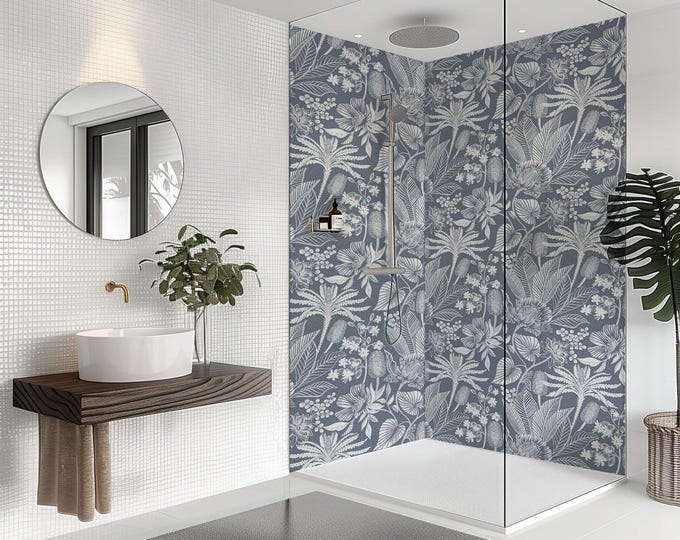 Blue William Morris Style Shower Panel, Custom Made Waterproof ACM Bathroom Feature Wall, Grout-Free