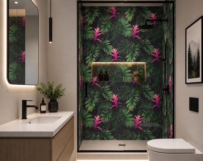 Tropical Bromeliad Shower Panel, Dark Botanical Waterproof Wall Panel, Pink & Green Jungle Bathroom