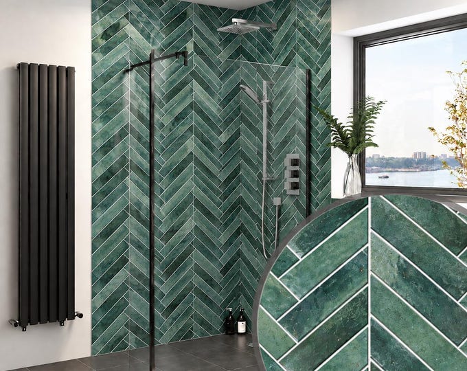 Green Ceramic Herringbone Shower Panel, Sage Tile Wall Mural, Waterproof Glossy Bathroom Decor
