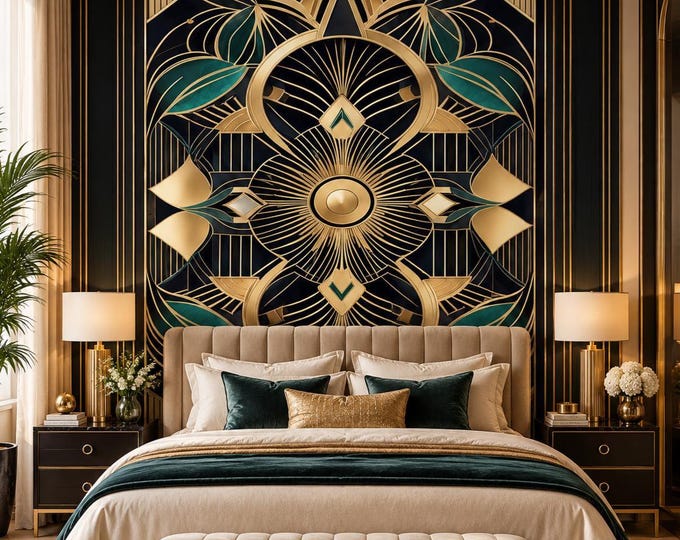 Teal & Gold Art Deco Wallpaper Mural | Black Gold And Emerald Geometric Wall Mural | Gatsby Luxury Wallpaper