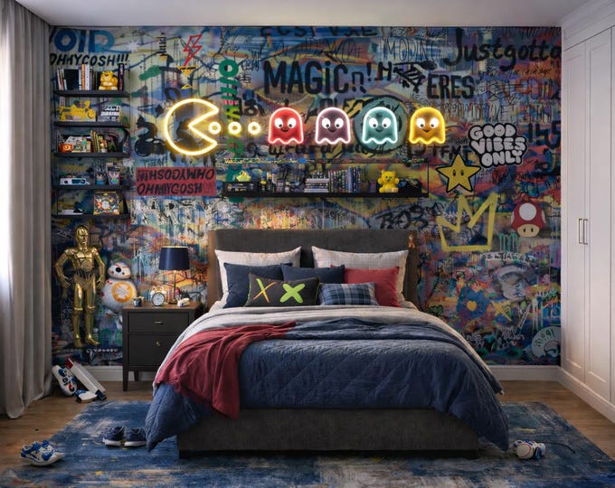 Neon Graffiti Gaming Wall Mural, Custom Street Art Wallpaper
