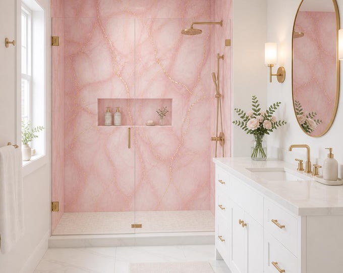 Pink Gold Veined Marble Shower Panel, Waterproof Bathroom Cladding (48" x 96")