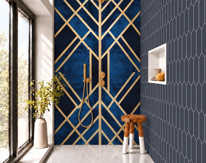 Navy Blue & Gold Geometric Shower Panel – Art Deco Bathroom Wall Panel, Luxury Waterproof Shower Wall
