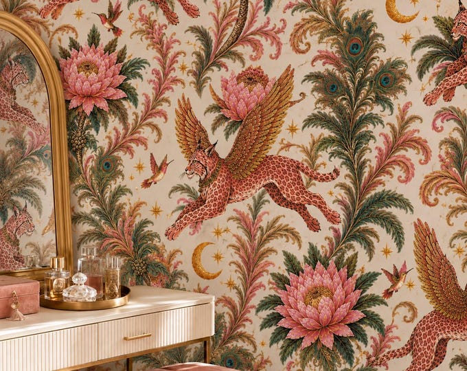 Pink Cream Winged Lynxes and Emerald Palms, Botanical Wall Mural, Lush Floral Feature Wall