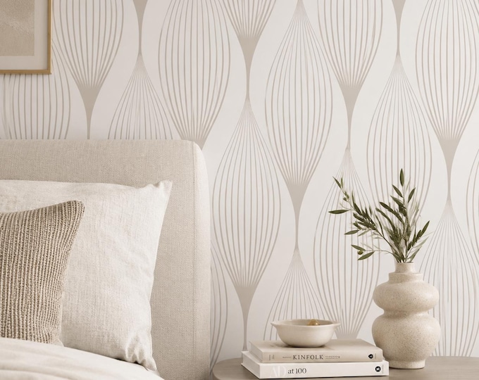 Linen Bloom Abstract Botanical Wallpaper, Beige Geometric Pattern, Japandi Style Wall Decor