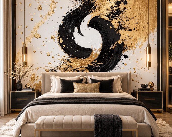 Black & Gold Abstract Wallpaper | Luxury Brushstroke Wall Mural | Modern Metallic Art Wallpaper