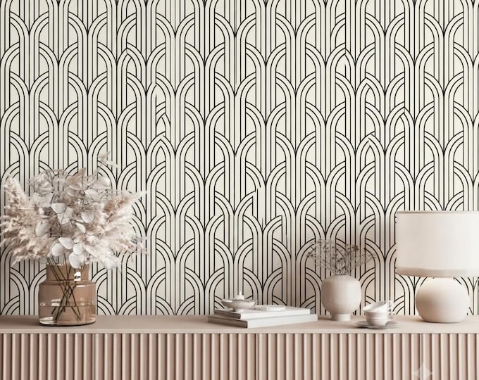 Art Deco Arch Wallpaper, Black and Cream Geometric Wallpaper, 1920s Gatsby Wall Decor, Retro Fan Pattern, Luxury Feature Wall