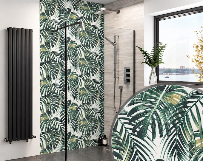 Waterproof Monstera Leaf Shower Panel, Botanical Bathroom Wall Cladding (Custom Size)