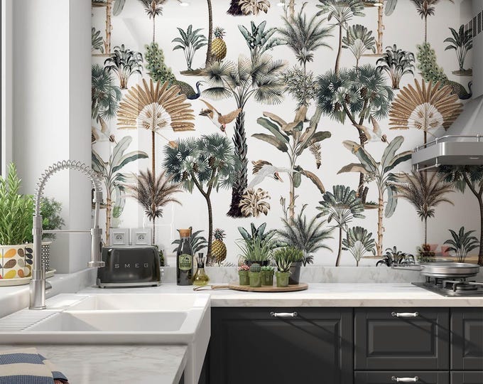 Exotic Palm Trees White Wallpaper – Tropical Botanical Jungle Bird Mural (Peel and Stick)