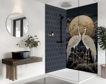 Oriental Crane Waterproof Shower Panel, Grout-Free Bathroom Cladding