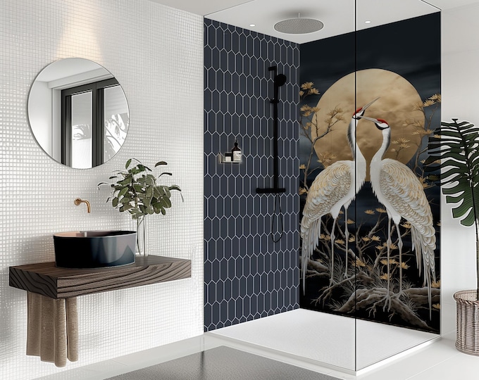 Oriental Crane Waterproof Shower Panel, Grout-Free Bathroom Cladding