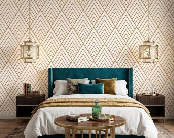 Art Deco Diamond Mustard Gold Geometric Wallpaper, Concentric Triangle Pattern