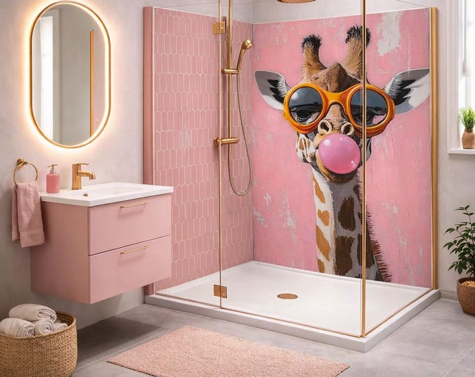 Pink Giraffe Shower Panel, Waterproof Bathroom Cladding, Modern Tile Alternative