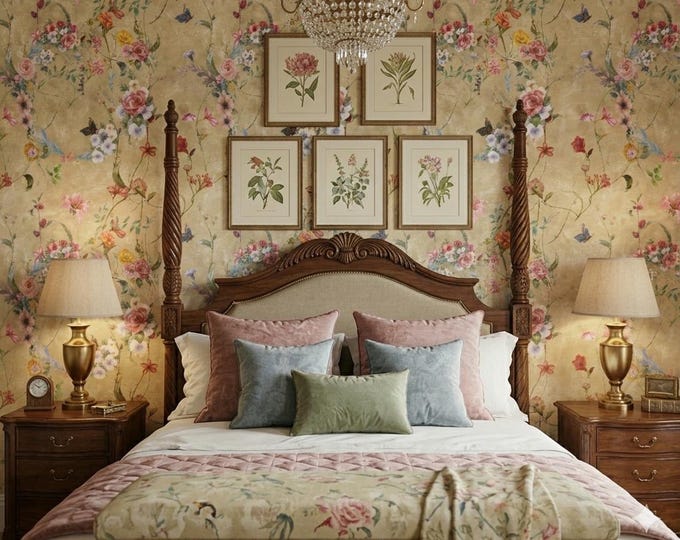 Botanical Watercolor Sand Vintage Floral Wallpaper Peel and Stick Wall Mural