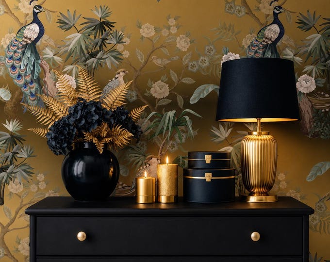 Gold Peacock Chinoiserie Wallpaper, Botanical Bird Mural, Vintage Jungle Decor (Peel and Stick)