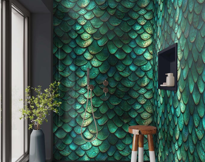 Green Fish Scales Shower Wall Panel, Custom Size Waterproof Bathroom Cladding, Grout-Free Tile Alternative