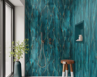 Kintsugi Turquoise Waterproof Shower Panel, Grout-Free Bathroom Wall Cladding