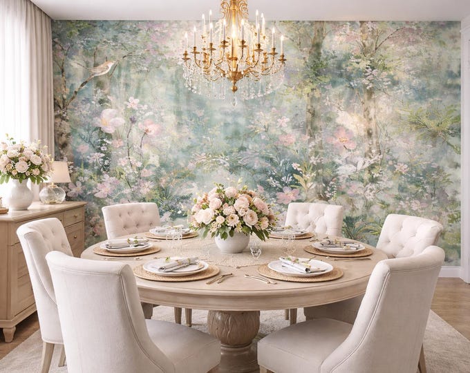 Pastel Woodland Forest Wall Mural – Birds & Flowers Wallpaper
