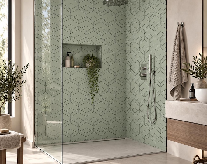 Sage Green Geometric Shower Wall Panel, Hexagon Bathroom Feature Wall, Waterproof ACM (Custom Cut)