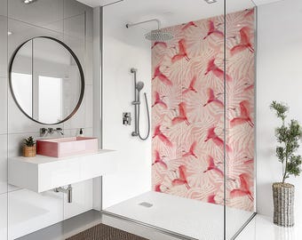 Pink Love Herring Bird Shower Panel, Waterproof Custom Made Grout-Free Bathroom Wall Cladding