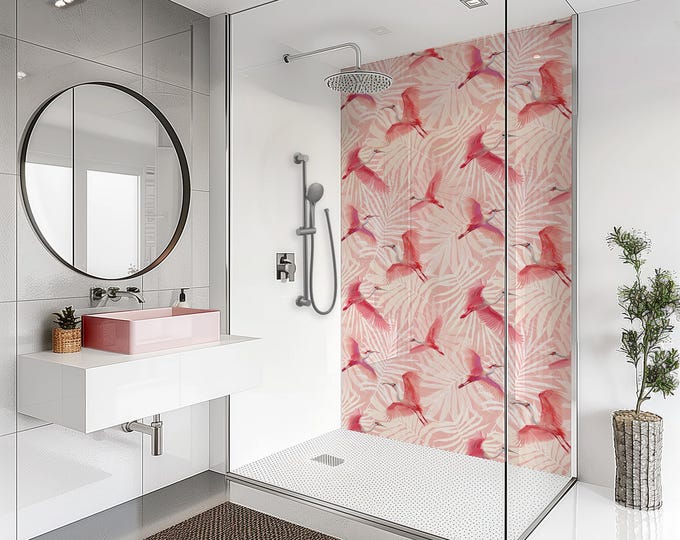 Pink Love Herring Bird Shower Panel, Waterproof Custom Made Grout-Free Bathroom Wall Cladding