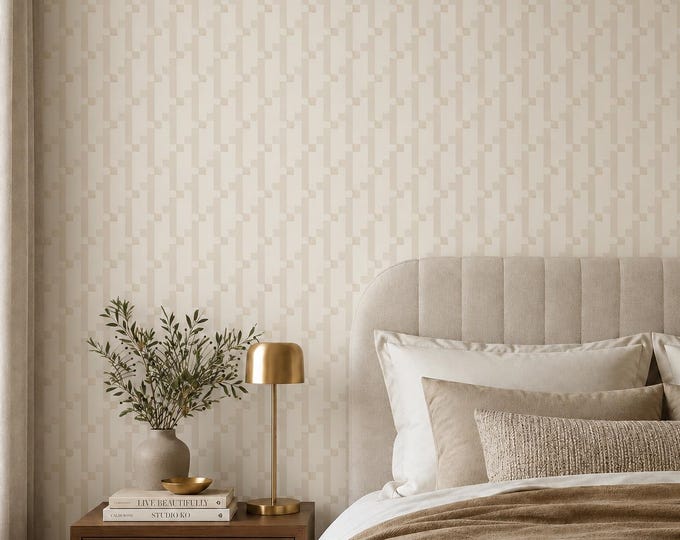 Sandslope Geo Beige Wallpaper, Stepped Geometric Pattern, Japandi Neutral Wall Decor