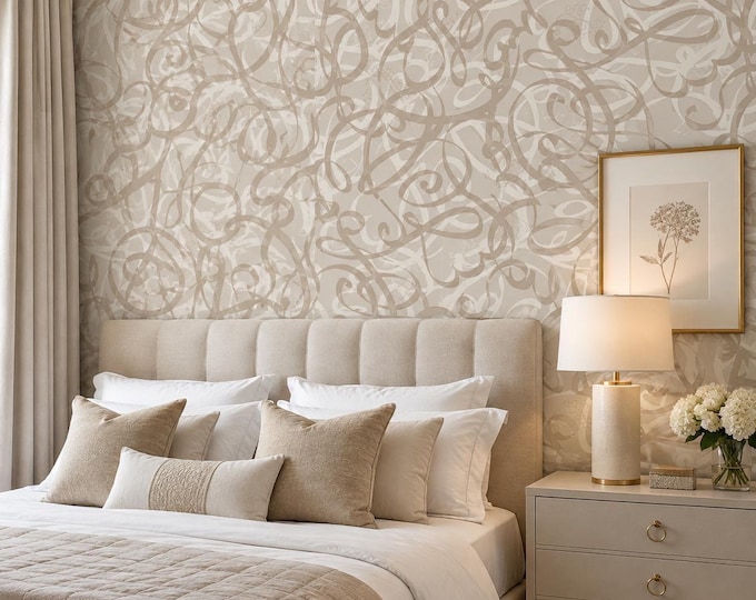 Neutral Arabesque Wallpaper, Beige Calligraphy Pattern, Elegant Abstract Script Wallpaper, Luxury Cream Wall Decor, Modern Boho Wallpaper
