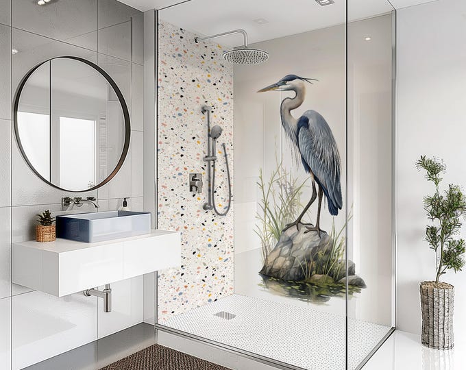 Blue Crane Bird Shower Panel, Waterproof Bathroom Wall Panels, Grout-Free Tile Alternative, Luxury Cladding