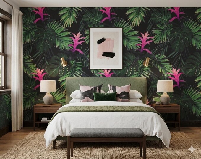 Dark Botanical Wallpaper, Pink Bromeliad Tropical Mural, Exotic Jungle Peel & Stick Wall Art