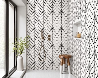 Black & White Leaf Shower Panel, Monochrome Botanical Waterproof Wall Cladding