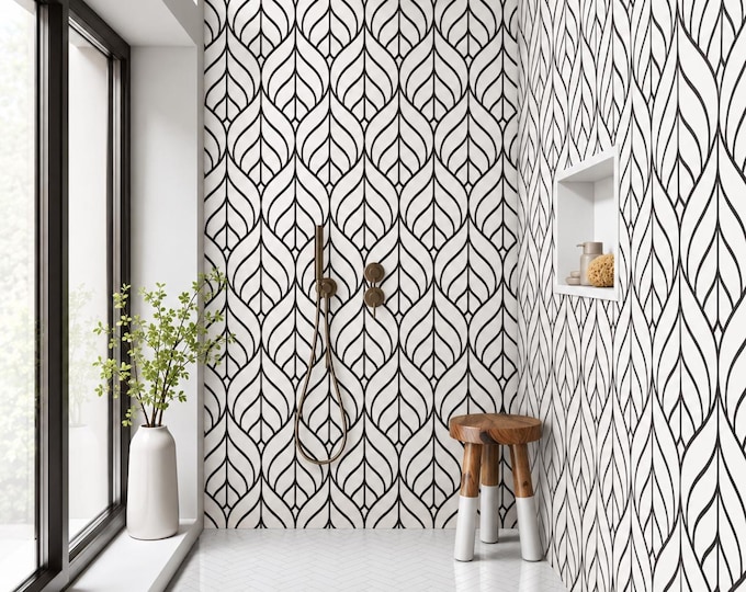 Black & White Leaf Shower Panel, Monochrome Botanical Waterproof Wall Cladding