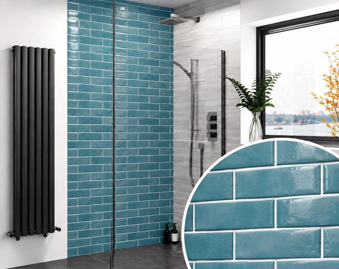 Aqua Blue Subway Tile Shower Panel, Teal Brick Effect, Waterproof Bathroom Cladding