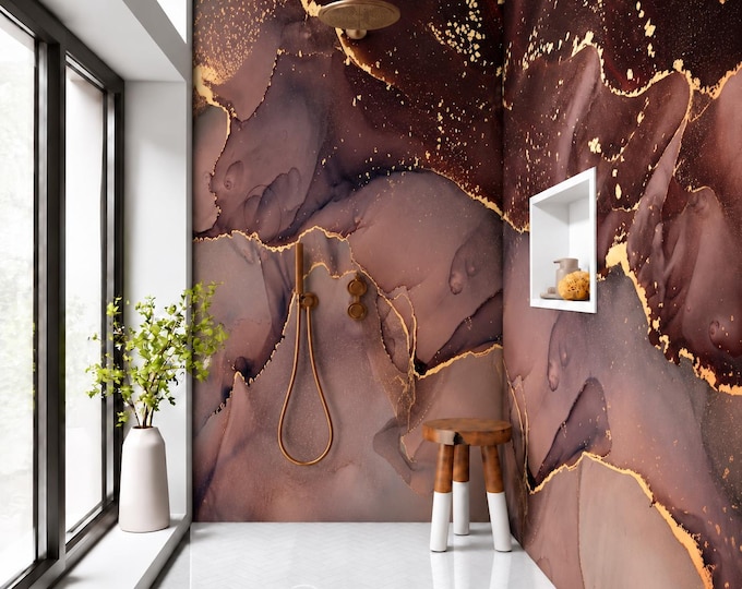 Mocha Gold Abstract Marble Waterproof Shower Panel, Burgundy & Blush Luxury Bathroom Wall Cladding