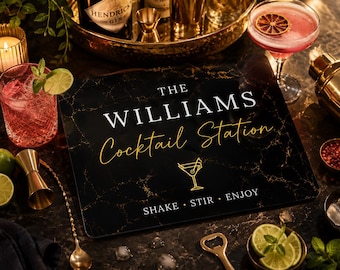 Personalised Glass Chopping Board, Cocktail Bar Sign, Matching Coasters, Home Bar Gift