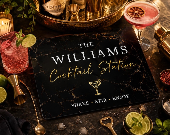Personalised Glass Chopping Board, Cocktail Bar Sign, Matching Coasters, Home Bar Gift
