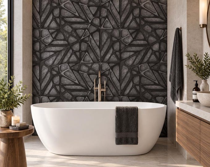 Black Lattice Concrete Shower Panel, Industrial Geometric Waterproof Wall, Dark Modern Bathroom Wall