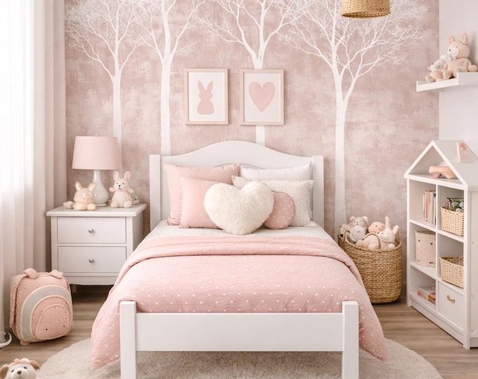 Blush Nordic Forest Wall Mural, Scandinavian Tree Wallpaper, Nursery Decor