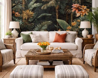 Dark Botanical Wall Mural – Custom Tropical Jungle Feature Wall