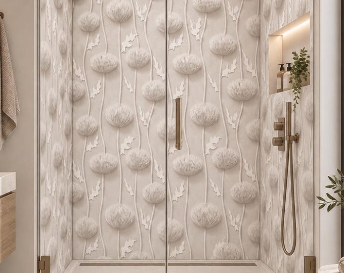 White Thistle Botanical Shower Panel, 3D Floral Textured Bathroom Wall Mural