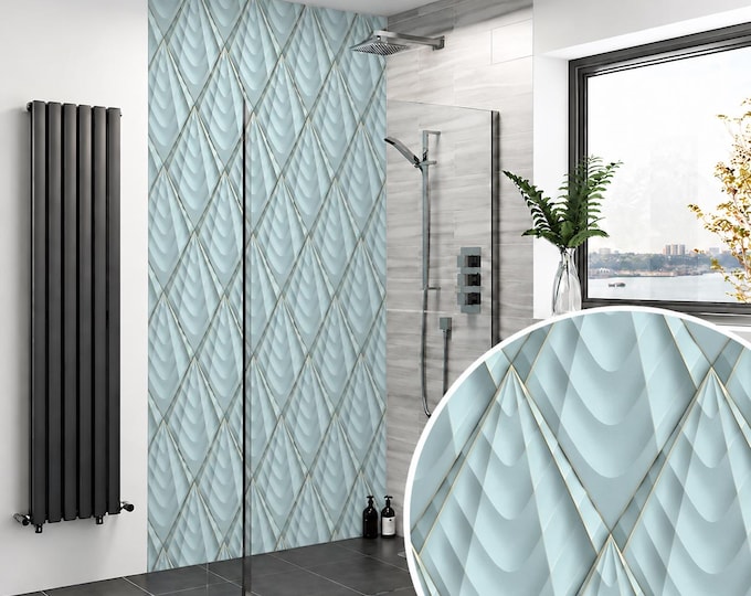 Satin Blue & Gold Geometric Shower Panel, 3D Waterproof Bathroom Cladding