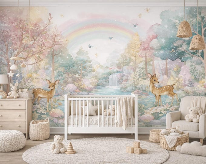 Deer Rainbow Forest Wall Mural – Whimsical Nursery Wallpaper