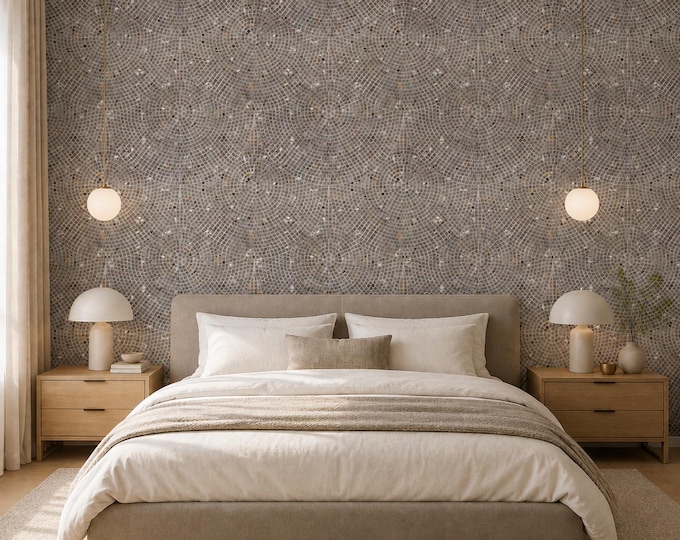 Roman Mosaic Wallpaper, Gray Stone Tile Effect, Circular Pattern, Mediterranean Decor