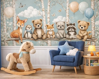 Woodland Animal Nursery Mural – Forest Friends Wallpaper, Custom Size