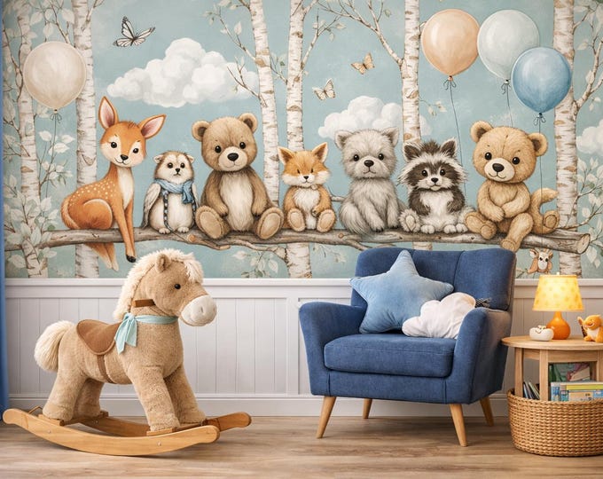 Woodland Animal Nursery Mural – Forest Friends Wallpaper, Custom Size